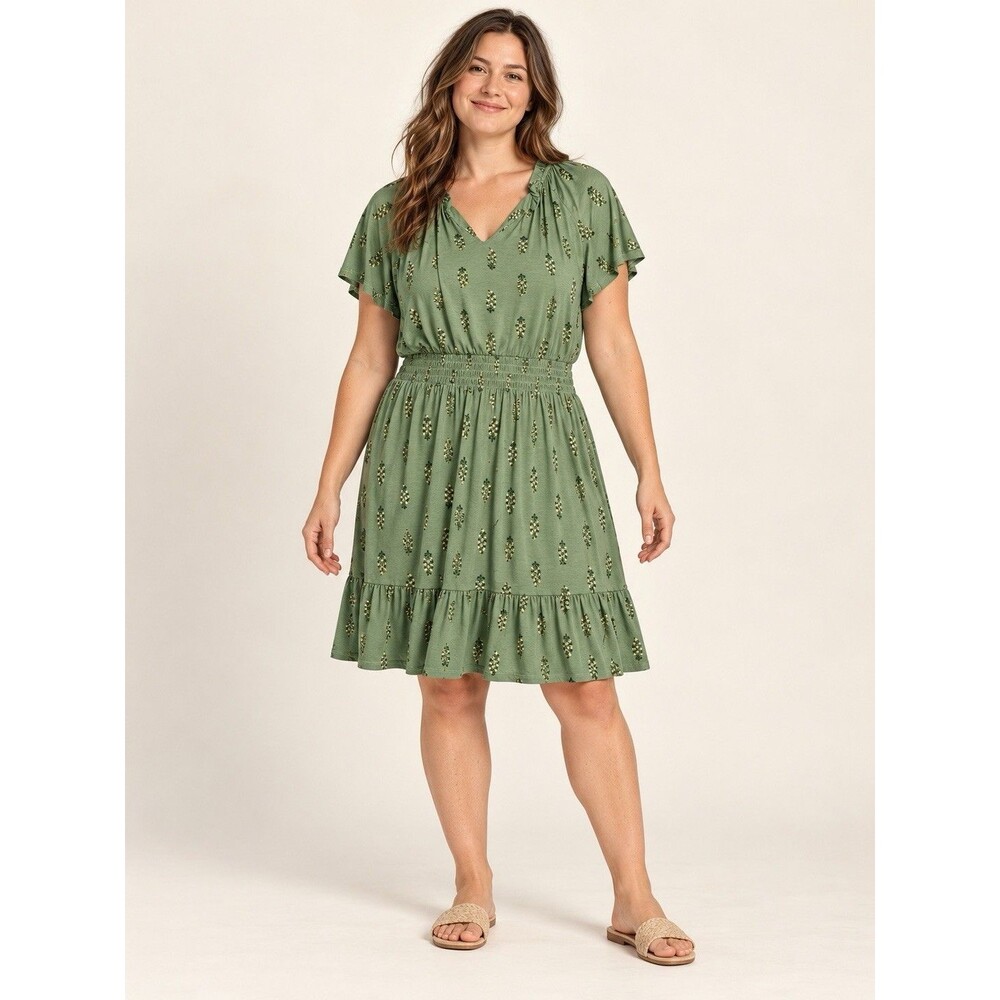 Wonderly Women’s XXL Green Floral V-Neck Flutter Sleeve Smocked A-Line Dress